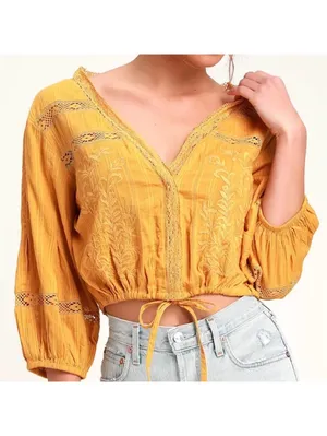 Free People Follow Your Heart Golden yellow Embroidered Lace Blouse size medium thumbnail 2