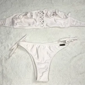 Girasole Swimwear White Ruffle Bandeau High Cut Bikini Set Size Small thumbnail 1