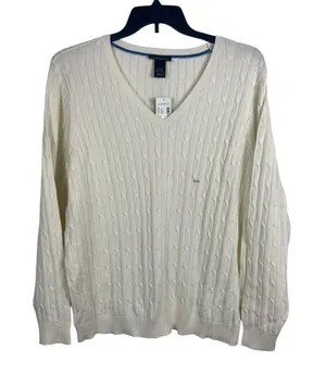 Lane Bryant Cable Knit Sweater Womens 22/24 Cream V-Neck 100% Cotton Preppy NWT thumbnail 1