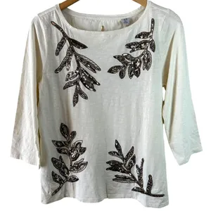 NWT Tommy Bahama Cream For Fronds Sequin Leaf Luxe Cotton Tee Top Size Medium thumbnail 2