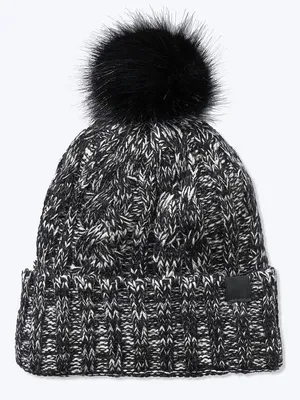 NWT Victoria’s Secret PINK Black White Cable Knit Sherpa Pom Beanie Hat thumbnail 1