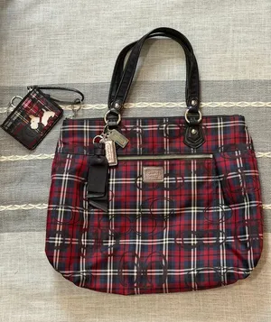 Vintage COACH Poppy Tartan Plaid Large Glam Tote Bag Y2K With Wallet EUC thumbnail 1
