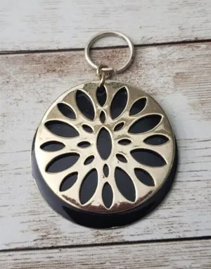 Gold Tone & Black Cut Out Flower Pattern Vintage Pendant - No Chain Included thumbnail 1