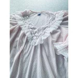 VTG 70s 80s Val Mode Pink 2PC Pajama Set Lace Yoke Cottagecore Coquette Medium thumbnail 2