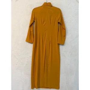 Vietnamese Ao Dai Tunic Mustard Yellow Floral Embroidered Beaded Gown Dress S/M thumbnail 11