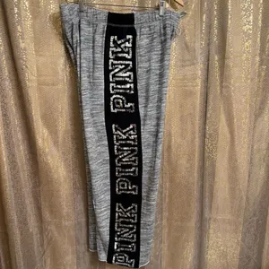 PINK Victoria's Secret Sequin Bling Logo Boyfriend Pant Sweatpants Gray Black La thumbnail 2