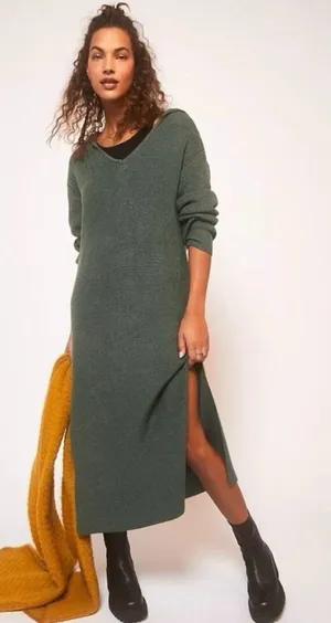 Free People Beach Free-est Claudia Hooded Sweater Midi Dress in Dried Pine Small thumbnail 1