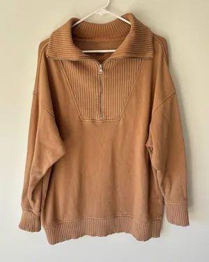 Aerie Brown Down To Earth Quarter Zip Pullover Sweatshirt Oversized Ribbed thumbnail 1
