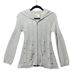 DKNY Jeans Cardigan Sweater Metallic Silver Cable‎ Knit Hooded Zip S thumbnail 1