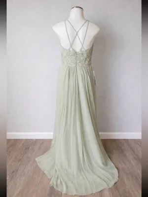 Azazie Ginger Agave A-Line Halter Pleated Chiffon Dress Size XS thumbnail 2