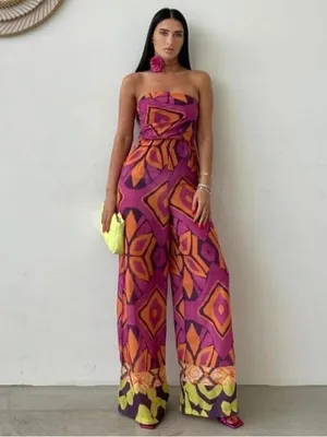 Zara Strapless Printed Wide Leg Jumpsuit thumbnail 2