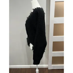 HERA COLLECTION Black Distressed V Neck Sweater Long Sleeve Raw Hem‎ Casual thumbnail 2