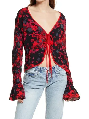 NWT Free People Venice Floral Tie Front Top OB1434186 Night Combo Red Black L thumbnail 1