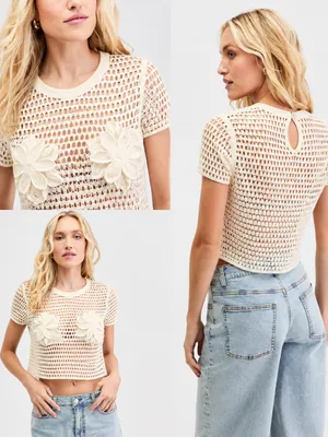 065- Bar III Cream Knit Floral Crochet Top Size Medium thumbnail 2