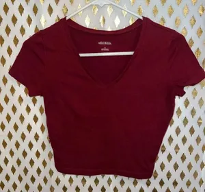 Wild Fable V-Neck Short Sleeve Cropped Tee crop top Tshirt Dark Red Burgundy siz thumbnail 1