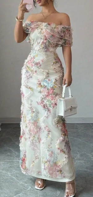 SHEIN White Strapless Floral Off-Shoulder Sheath Dress Sz XS‎ thumbnail 1