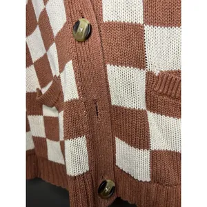 American Eagle Cardigan Sweater Womens XS Brown Checkered V Neck Button Front thumbnail 5