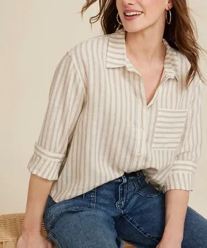 Maurices Cropped Striped Button Down Shirt Cream White Linen thumbnail 1