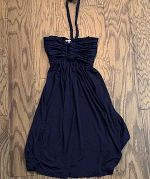 Navy Blue Halter Dress with Flower Detail thumbnail 1