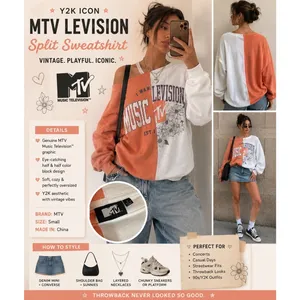 MTV Split Color Graphic Sweatshirt Small Y2K Oversized Crewneck Peach White thumbnail 2