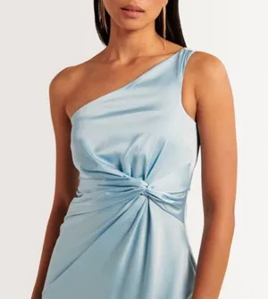 Abercrombie Light Blue One Shoulder Satin Knotted Midi Dress NEW thumbnail 2