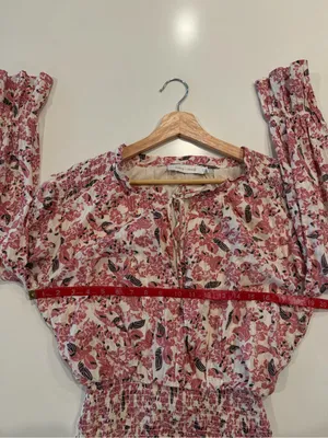 Tie-Neck Smocked Waist Mini Dress Pink Floral Size Medium‎ thumbnail 7
