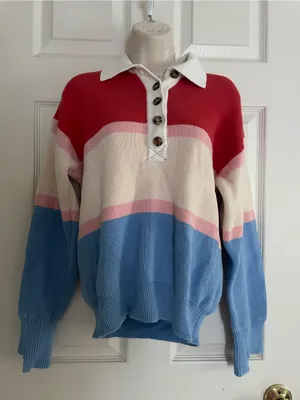 BDG Colorblock Collared Pullover Sweater in Red, Cream, Pink & Blue thumbnail 1