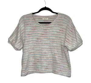 Madewell Puff Sleeve Textured Cream & Multicolor Striped Knit Top thumbnail 1