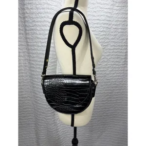 MNG Mango Black Crocodile Embossed Half Moon Shoulder Bag Gold Hardware thumbnail 2