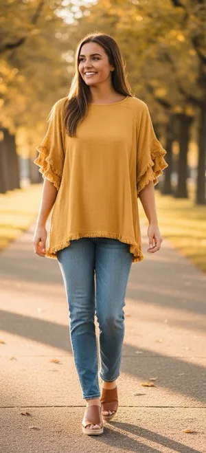 UMGEE Mustard Yellow Linen Cotton Fringe Ruffle Sleeve Boho Blouse Top XL thumbnail 1