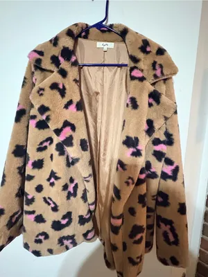 Knit Camel Teddy Jacket with Pink & Black Leopard Print Brown Size L thumbnail 1