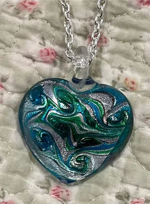 Handmade Teal & Green Heart Glass Pendant Necklace thumbnail 1