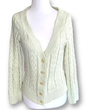 Vintage 90s Fitted Cable Knit‎ Cardigan Sweater Cropped Pastel Pistachio Green thumbnail 1