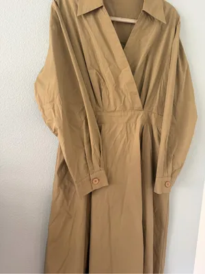 Cider Khaki 100% Cotton Wrap-Front Long Sleeve Midi Dress thumbnail 4