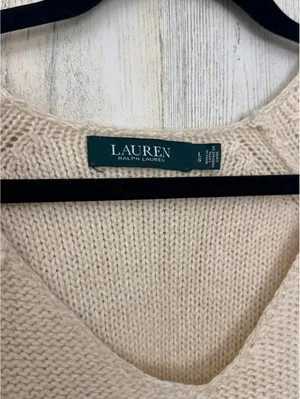Lauren Ralph Lauren Women’s L Cream Ivory V-Neck Cotton Blend Knit Sweater thumbnail 3