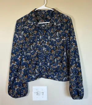 Drew‎ Ms Navy Blue Floral Print Button Front Long Sleeve Jacket / Blouse Med thumbnail 1