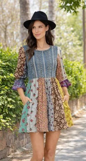 Young Threads Boho Dress Small Embroidered Grey Patchwork Mini Western Hippie thumbnail 1