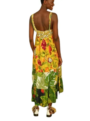 Farm Rio size medium mixed prints Tropical Yellow Floral Maxi Dress beaded thumbnail 12