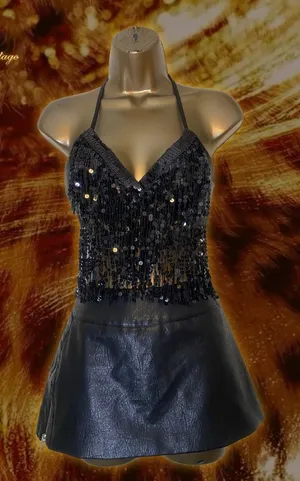 Black Sequin Fringe Backless Halter Tie Top Size M thumbnail 1