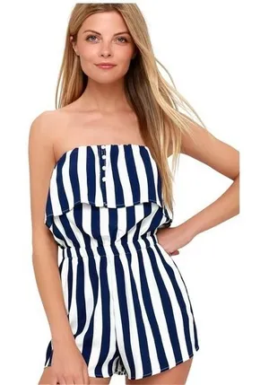 Lulus Striped Strapless Romper Women's Size L Blue White Ruffle Layered‎ Casual thumbnail 1