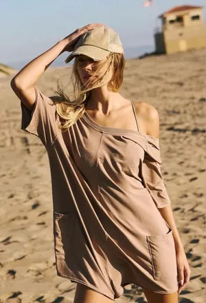NWOT Free People Hot Shot Tee Romper Mocha Latte Brown Tan thumbnail 1