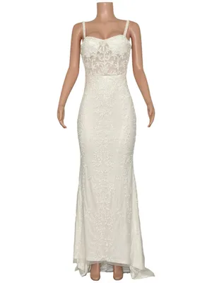 LULUS Luxe Bridal Momentous Love Beaded Bustier Mesh Mermaid Maxi Dress,White,XS thumbnail 4