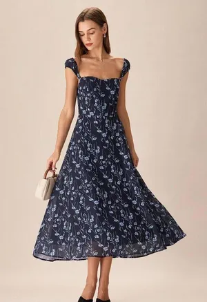 RIHOAS Navy Floral Sweetheart Neck Midi Dress thumbnail 2