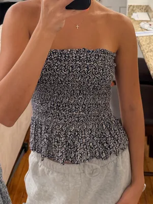 American Eagle Smocked Strapless Floral Peplum Top - navy and white thumbnail 1