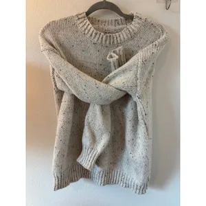 Cream Black Flecked Chunky Knit Crewneck Sweater Small Marl Pullover thumbnail 3