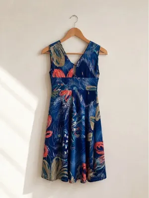 Made in Italy Tropical Floral Midi Dress | Blue Wrap Style | Size Small thumbnail 2