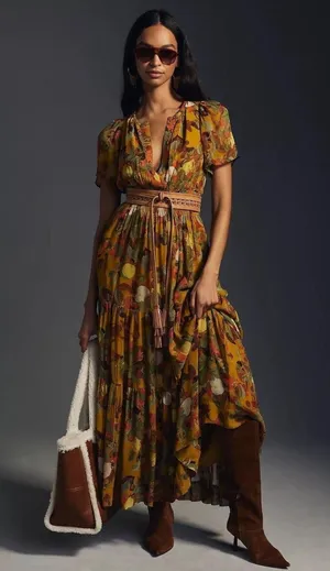 Anthropologie Yellow Fruit Print Smocked Waist Tiered Dress, Size XL thumbnail 1