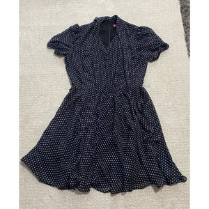 Betsey Johnson Navy Polka Dot Chiffon Puff Sleeve Tie Neck Knee Dress Size 10 thumbnail 14
