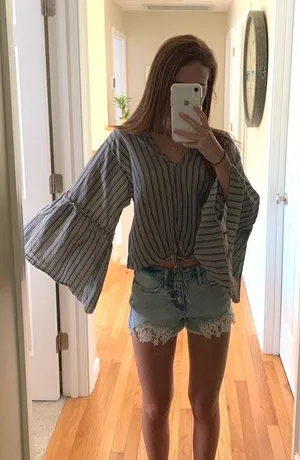 Grey and White Flowy Sleeve Top Gray thumbnail 1