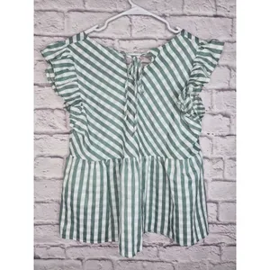 &merci Gingham Peplum Blouse Size L Green White Ruffle Cap Sleeve Tie Back Top thumbnail 5